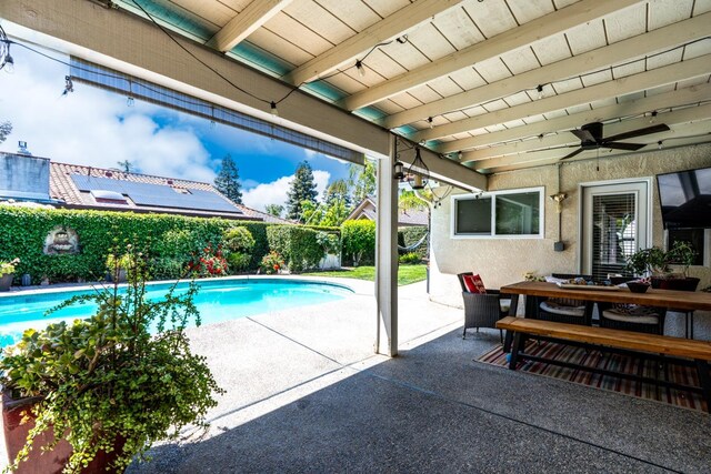 22 Pointe W, Madera, CA 93637 - view of swimming pool featuring a patio, outdoor dining area, ceiling fan, and a fenced backyard