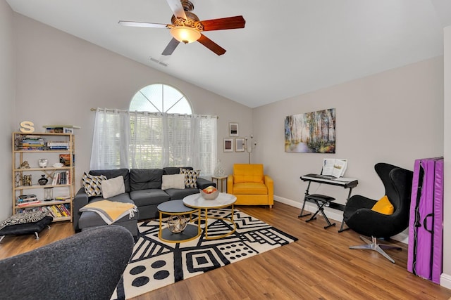 22 Pointe W, Madera, CA 93637 - living area with lofted ceiling, wood finished floors, ceiling fan, and baseboards