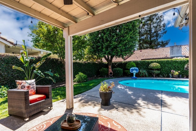 22 Pointe W, Madera, CA 93637 - view of pool with a patio, a fenced backyard, and ceiling fan