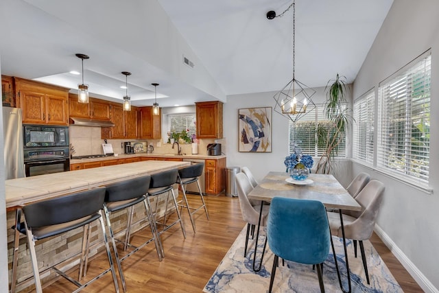 22 Pointe W, Madera, CA 93637 - dining room with a chandelier, plenty of natural light, light wood-style flooring, lofted ceiling, and baseboards
