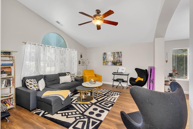 22 Pointe W, Madera, CA 93637 - living room featuring a ceiling fan, wood finished floors, baseboards, and high vaulted ceiling