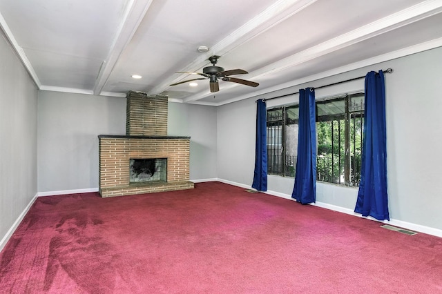 unfurnished living room with beamed ceiling, carpet, baseboards, ceiling fan, and recessed lighting
