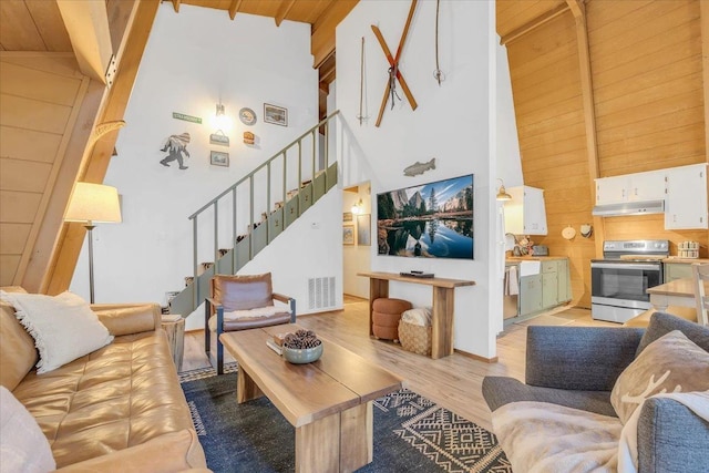 30830 Old Strawberry Rd, Tuolumne, CA 95375 - living area with stairs, high vaulted ceiling, light wood-type flooring, wood ceiling, and beam ceiling
