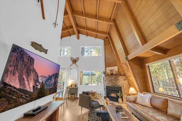 30830 Old Strawberry Rd, Tuolumne, CA 95375 - living area featuring wooden ceiling, high vaulted ceiling, beam ceiling, and wood finished floors