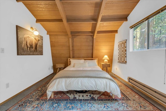30830 Old Strawberry Rd, Tuolumne, CA 95375 - bedroom featuring wood ceiling, baseboard heating, wooden walls, beam ceiling, and baseboards