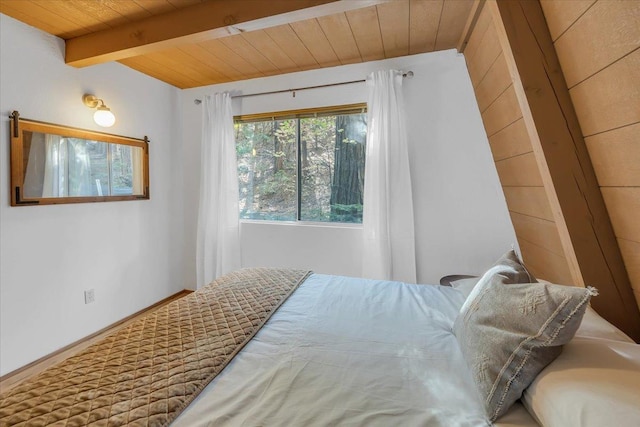 30830 Old Strawberry Rd, Tuolumne, CA 95375 - bedroom with wood ceiling, beamed ceiling, and baseboards
