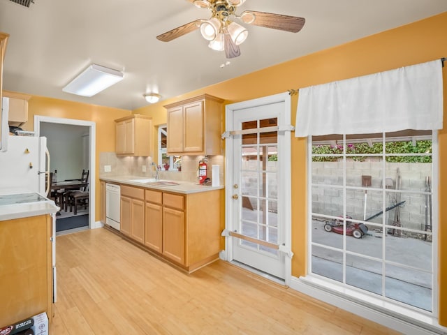 4740 E Princeton Ave, Fresno, CA 93703 - kitchen with white appliances, light brown cabinetry, a sink, light wood-style flooring, and a ceiling fan
