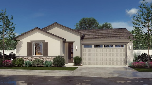 ranch-style house featuring stucco siding, a garage, concrete driveway, and fence