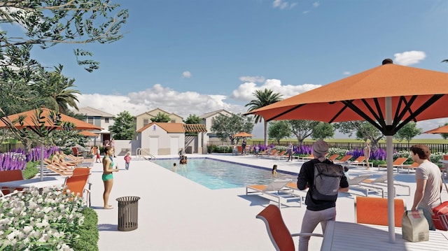 community pool with fence, a patio, a shed, and an outdoor structure