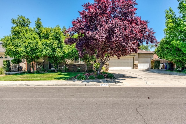 947 Carson Ave, Clovis, CA 93611 - view of property hidden behind natural elements with driveway, a garage, stone siding, and a front yard