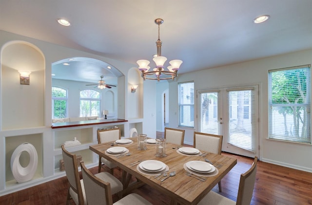 30925 Pennyroyal Ln, Prather, CA 93651 - dining area featuring arched walkways, healthy amount of natural light, a chandelier, wood finished floors, and recessed lighting