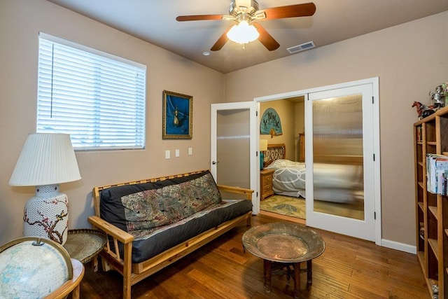 30925 Pennyroyal Ln, Prather, CA 93651 - living room featuring wood finished floors, a ceiling fan, and baseboards