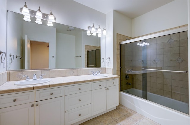 30925 Pennyroyal Ln, Prather, CA 93651 - bathroom with tile patterned flooring, double vanity, and shower / bath combination with glass door
