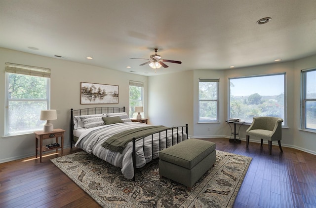 30925 Pennyroyal Ln, Prather, CA 93651 - bedroom featuring dark wood finished floors, baseboards, a ceiling fan, and recessed lighting