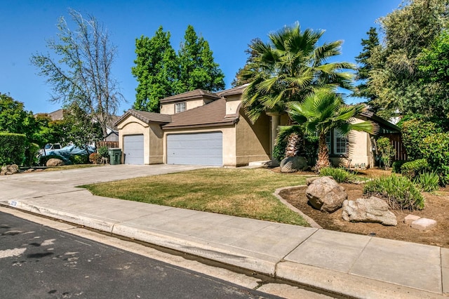 view of front of property with an attached garage, driveway, stucco siding, a front yard, and a tile roof