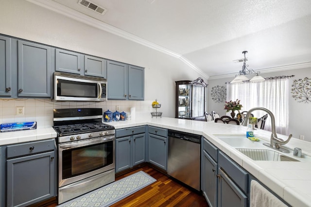 kitchen with stainless steel appliances, ornamental molding, a sink, lofted ceiling, and dark wood-type flooring