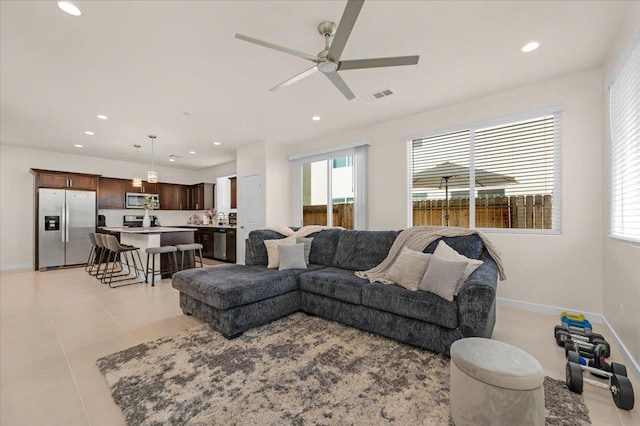 841 Corazon Ave, Clovis, CA 93619 - living room featuring ceiling fan, recessed lighting, healthy amount of natural light, and light tile patterned floors