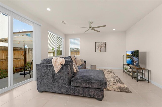 841 Corazon Ave, Clovis, CA 93619 - living room featuring a ceiling fan, recessed lighting, and light tile patterned floors