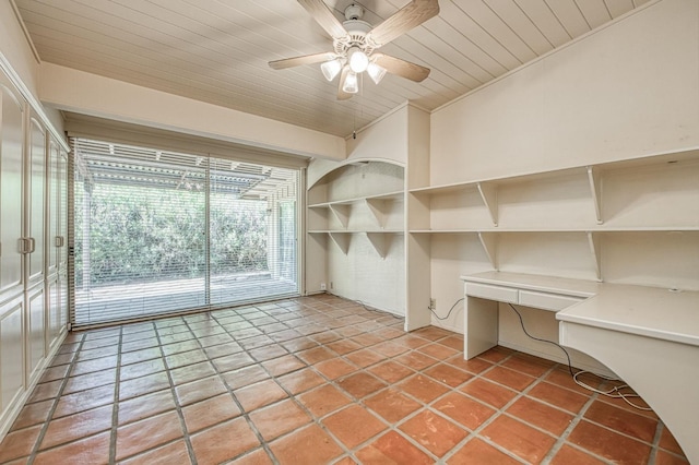 spare room featuring wooden ceiling, ceiling fan, and a desk