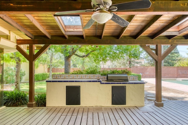 view of patio / terrace with an outdoor kitchen, a fenced backyard, a ceiling fan, and a deck