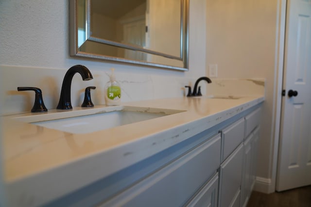bathroom featuring double vanity and wood finished floors