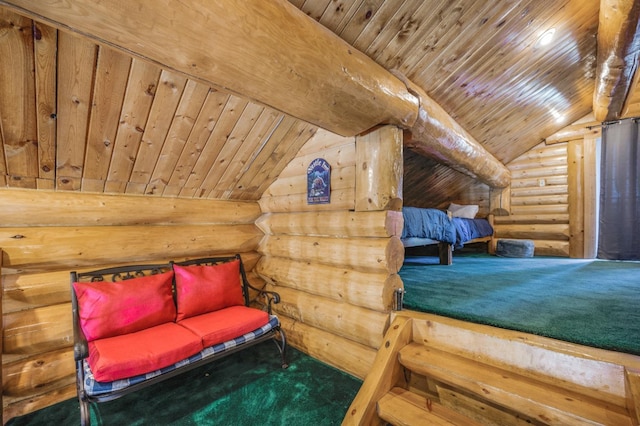 55585 Flintridge Dr, Shaver Lake, CA 93664 - bedroom with rustic walls, wooden ceiling, vaulted ceiling, and carpet floors
