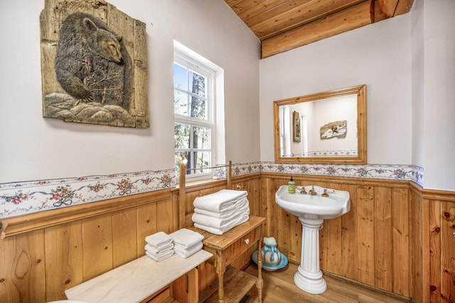 55585 Flintridge Dr, Shaver Lake, CA 93664 - bathroom with wooden ceiling, a wainscoted wall, wood finished floors, and wood walls