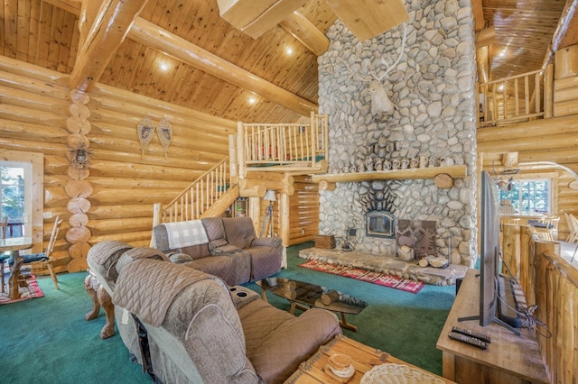 55585 Flintridge Dr, Shaver Lake, CA 93664 - living area featuring wooden ceiling, rustic walls, high vaulted ceiling, carpet floors, and stairs