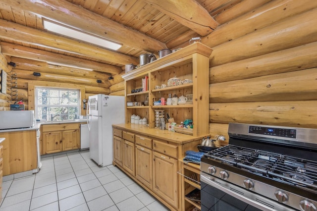 55585 Flintridge Dr, Shaver Lake, CA 93664 - kitchen with white appliances, log walls, light tile patterned floors, light countertops, and beamed ceiling