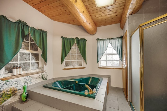 55585 Flintridge Dr, Shaver Lake, CA 93664 - full bathroom with wooden ceiling, beam ceiling, a tub with jets, tile patterned flooring, and a shower with shower door