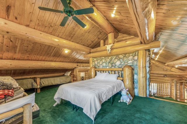 55585 Flintridge Dr, Shaver Lake, CA 93664 - carpeted bedroom with rustic walls and wooden ceiling