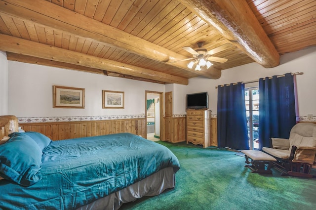 55585 Flintridge Dr, Shaver Lake, CA 93664 - carpeted bedroom with wooden ceiling, beam ceiling, a wainscoted wall, wood walls, and ceiling fan