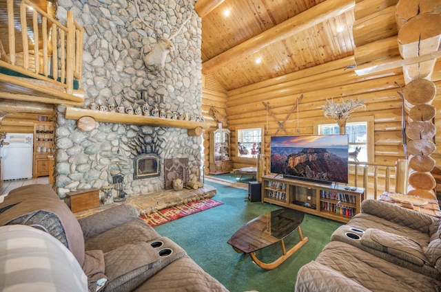 55585 Flintridge Dr, Shaver Lake, CA 93664 - living area featuring rustic walls, wood ceiling, high vaulted ceiling, carpet floors, and beamed ceiling