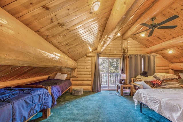 55585 Flintridge Dr, Shaver Lake, CA 93664 - carpeted bedroom with rustic walls, wooden ceiling, access to outside, and recessed lighting