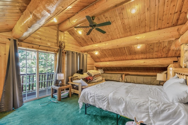 55585 Flintridge Dr, Shaver Lake, CA 93664 - bedroom featuring access to outside, wooden ceiling, rustic walls, carpet floors, and recessed lighting