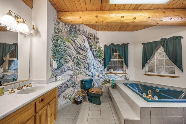 55585 Flintridge Dr, Shaver Lake, CA 93664 - full bathroom with wooden ceiling, tile patterned flooring, vanity, a jetted tub, and wallpapered walls