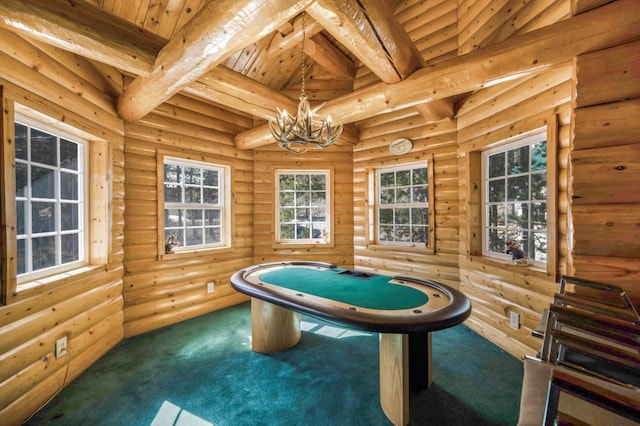 55585 Flintridge Dr, Shaver Lake, CA 93664 - game room with a chandelier, carpet flooring, beam ceiling, rustic walls, and wooden ceiling