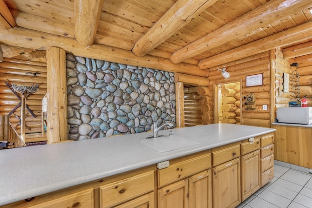 55585 Flintridge Dr, Shaver Lake, CA 93664 - kitchen with a sink, light tile patterned floors, wood ceiling, beam ceiling, and light countertops