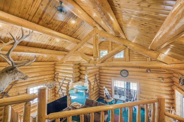 55585 Flintridge Dr, Shaver Lake, CA 93664 - hall featuring beamed ceiling, log walls, and wood ceiling