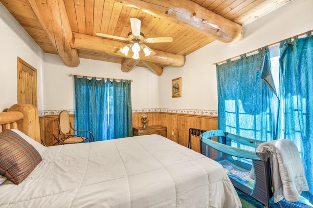 55585 Flintridge Dr, Shaver Lake, CA 93664 - bedroom with wooden ceiling, wainscoting, wood walls, beam ceiling, and a ceiling fan