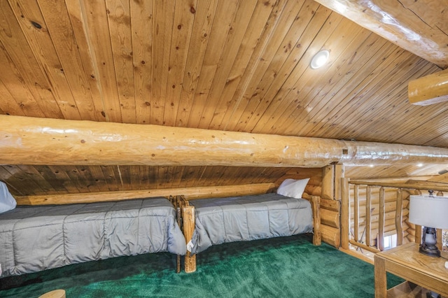 55585 Flintridge Dr, Shaver Lake, CA 93664 - carpeted bedroom with rustic walls, wooden ceiling, and beamed ceiling