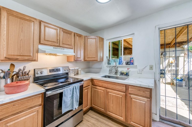 kitchen featuring under cabinet range hood, stainless steel electric range oven, a sink, and light wood-type flooring