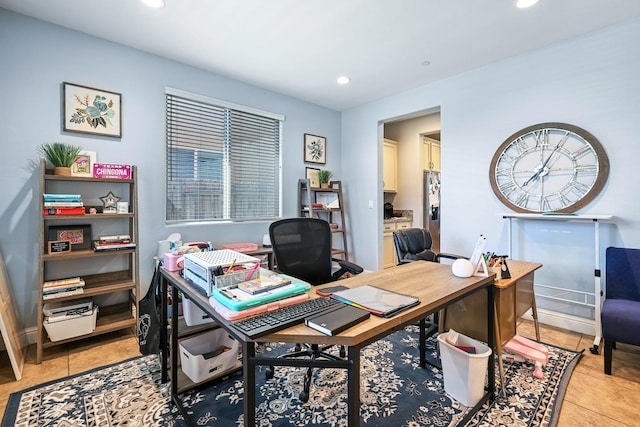 office space featuring recessed lighting and light tile patterned flooring
