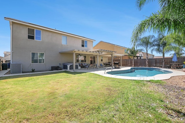 view of swimming pool featuring a pergola, a patio area, a ceiling fan, and cooling unit