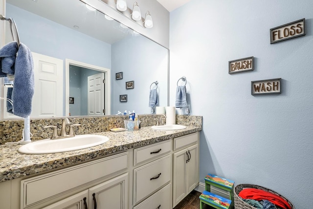 bathroom with double vanity and wood finished floors