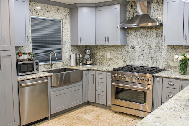 kitchen featuring appliances with stainless steel finishes, wall chimney exhaust hood, gray cabinetry, a sink, and decorative backsplash