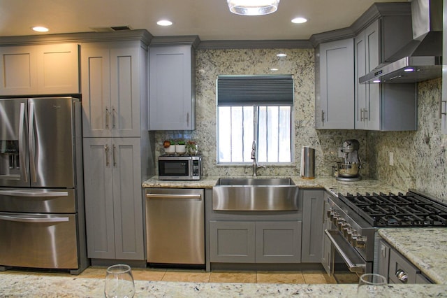 kitchen featuring stainless steel appliances, gray cabinets, wall chimney exhaust hood, a sink, and recessed lighting