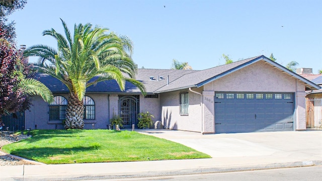 ranch-style home with an attached garage, stucco siding, a front yard, and driveway