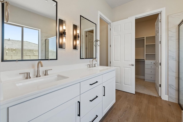 bathroom featuring wood finished floors, a shower stall, double vanity, and a spacious closet