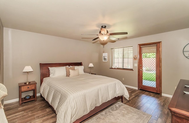 1025 E Cambridge Ave, Visalia, CA 93292 - bedroom featuring access to outside, wood finished floors, baseboards, and ceiling fan